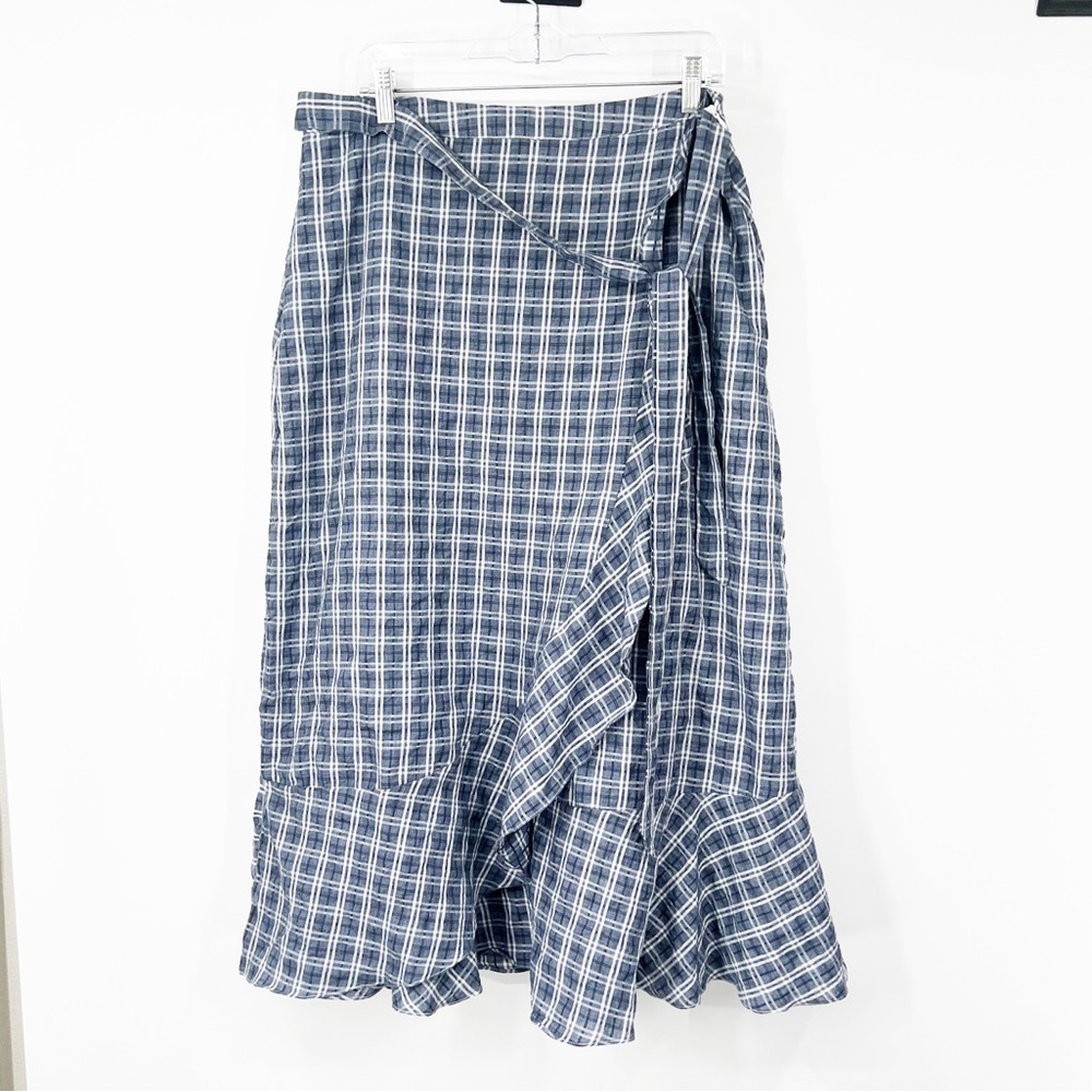 Mila Blue Plaid Ruffle Hem Midi Skirt 100% Cotton